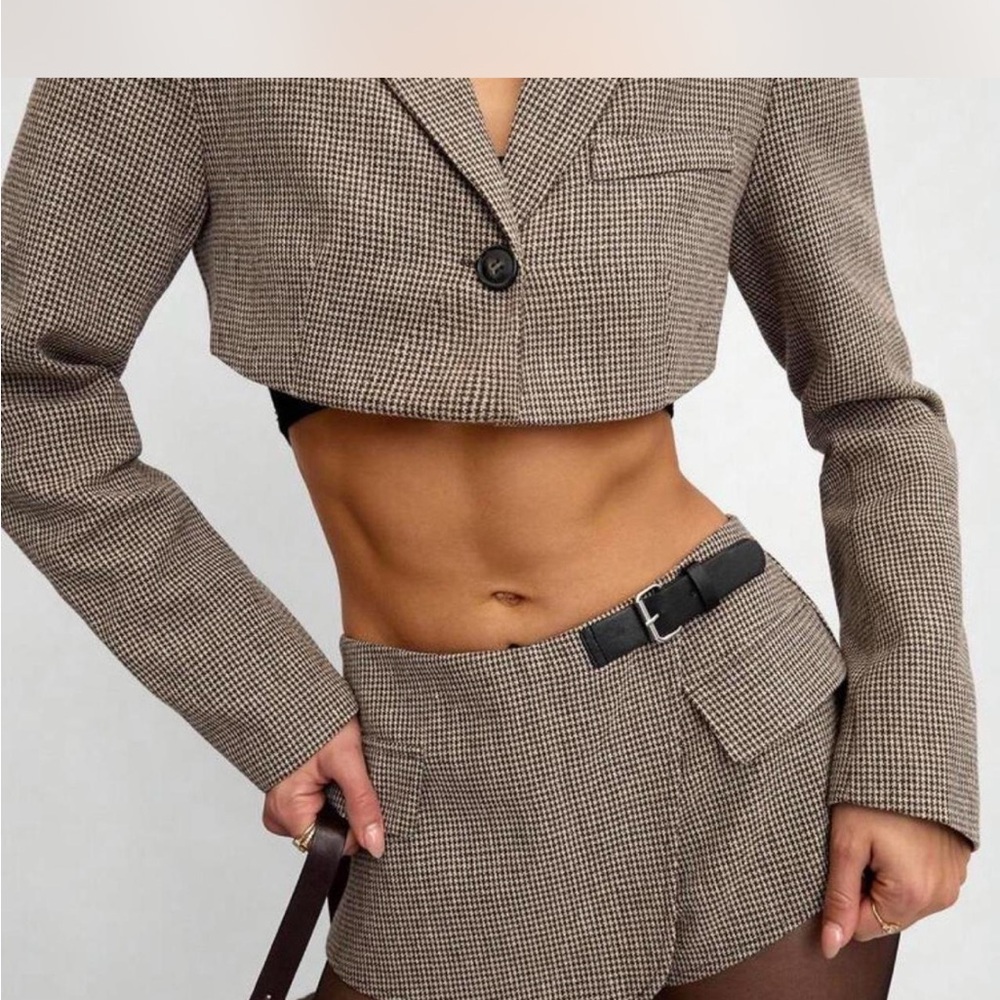 Cropped Houndstooth Blazer & Shorts Set in Brown